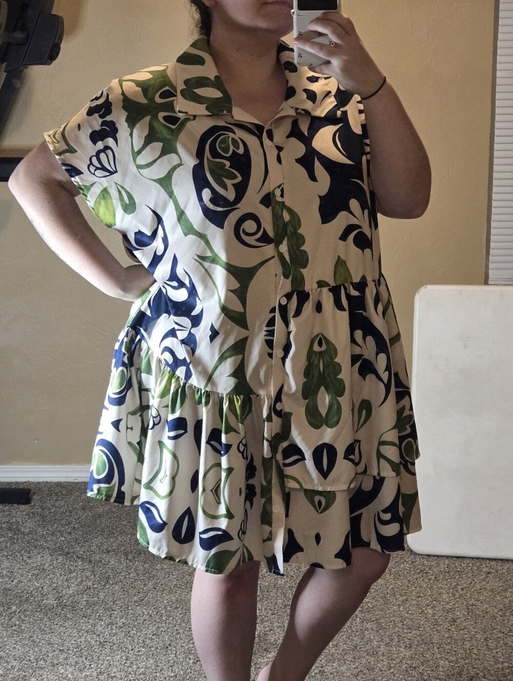 Shein Curve White Green Blue Button Up Collared Midi Ruffle Dress 3XL